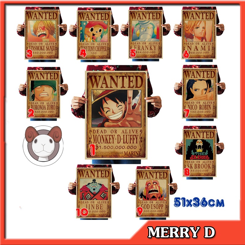 Poster One Piece Team Mũ Rơm 51x36cm Vintage - Hình Vua Hải Tặc - Luffy, Zoro, Sanji, Nami, Franky, Chopper, Robin,...