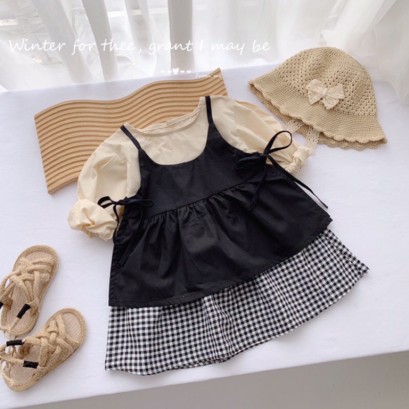 Set yếm Vintage hoạ tiết cảo Qccc bé gái 10-20kg mặc đi học đi chơi cực xinh