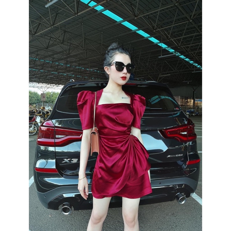 Đầm dạo phố, dự tiệc cổ vuông tay bồng xếp ly nơ eo siêu sang chảnh - NV37