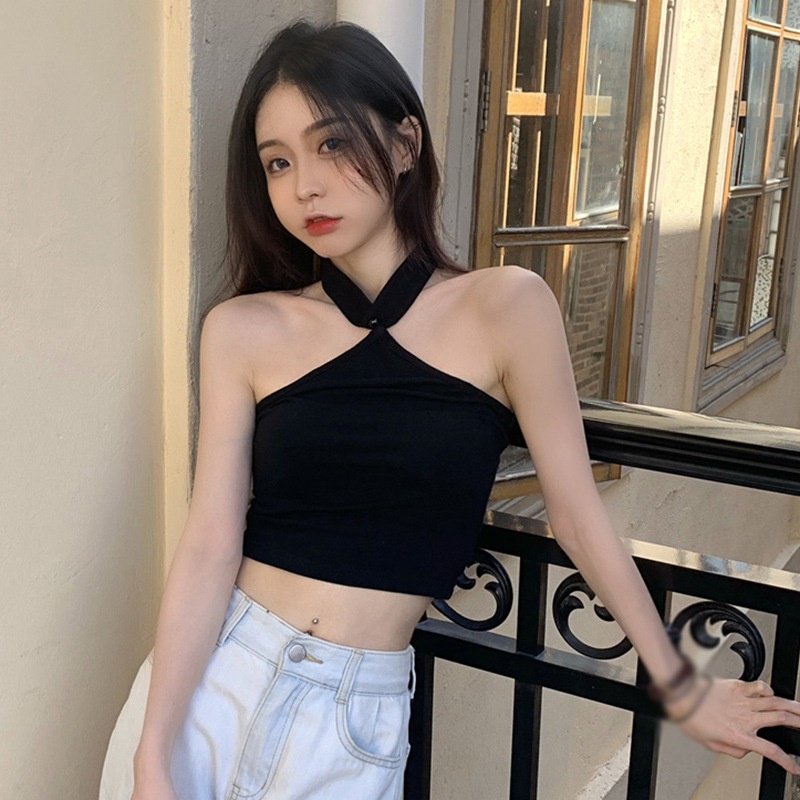 Áo croptop dệt kim không tay màu sắc đơn giản dành cho nữ