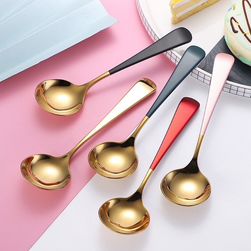 Thìa cà phê đầu tròn bằng thép không gỉ nhiều màu sắc tiện dụng chất lượng cao 15.5*4CM