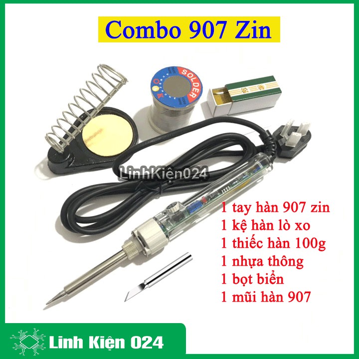 Combo Mỏ Hàn NO.907 ZIN -60W và 5 Món Phụ Kiện ( Mũi Hàn Dao T-K, Kệ Hàn, Bọt Biển Tròn, Thiếc OK, Nhựa Thông )