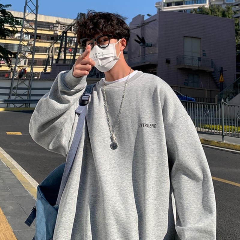 Áo sweater chui đầu tay dài cổ tròn dáng rộng in chữ màu trơn phong cách Hàn Quốc cỡ M-5XL cho nam