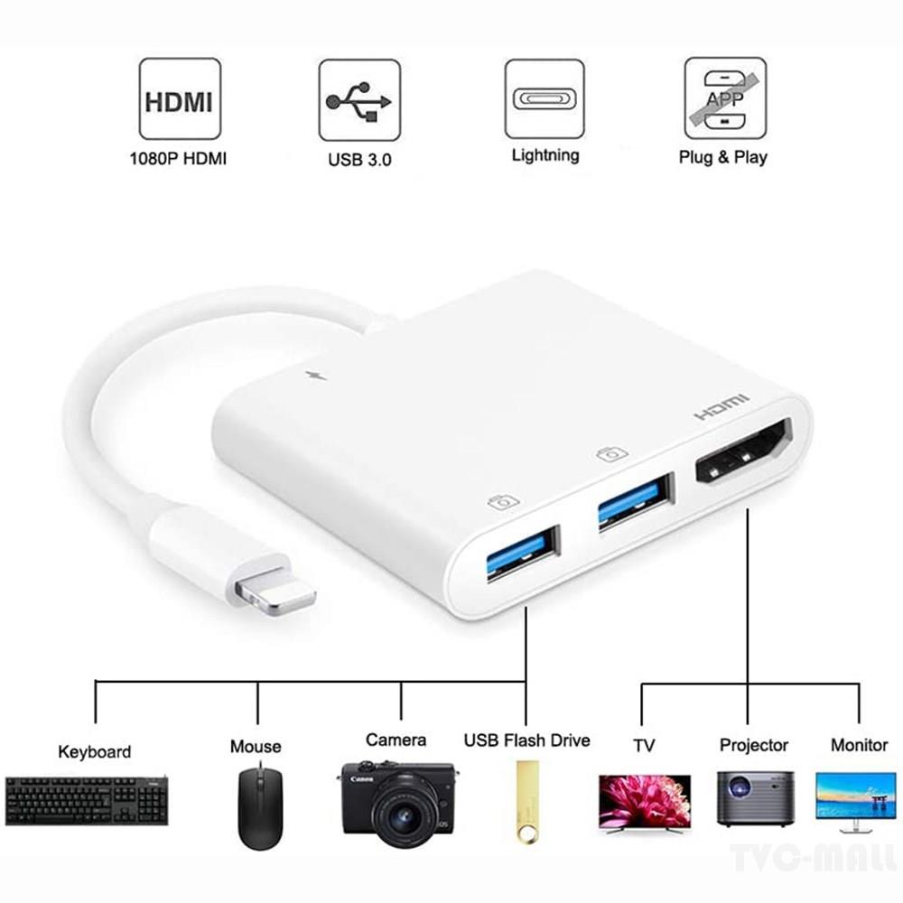 Bộ chuyển đổi âm thanh video 4 trong 1 Lightning sang HDMI USB 3.0 1080P HD đa năng cho iPhone iPad