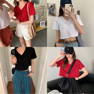 Áo Thun Nữ Kiểu Croptop Ngắn Tay Cổ Tim Màu Trơn Phối Cúc Kiểu Dáng Cardigan Ulzzang Hàn Quốc Áo Phông Thun Nữ Croptop