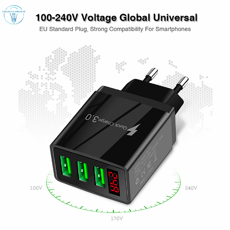 Củ sạc nhanh hỗ trợ QC3.0 gồm 3 cổng cắm sạc USB và màn hình LED hiển thị điện áp DG Bộ sạc dự phòng