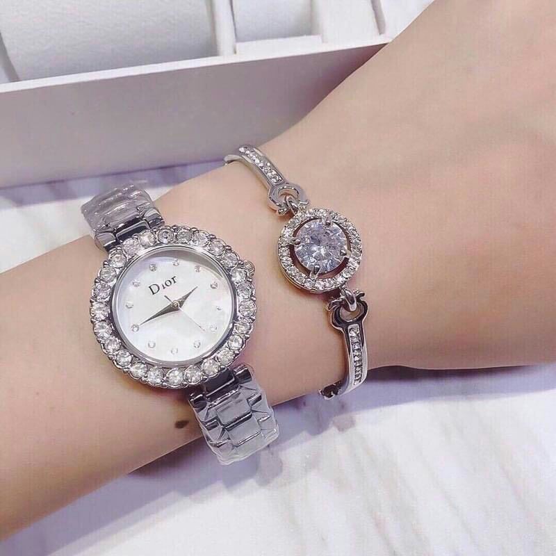 [ẢNH THẬT]SALE Set Đồng hồ nữ Dior mẫu đẹp sang chảnh (set Đồng hồ+vòng tay đính đá) - Full Box cực sang trọng