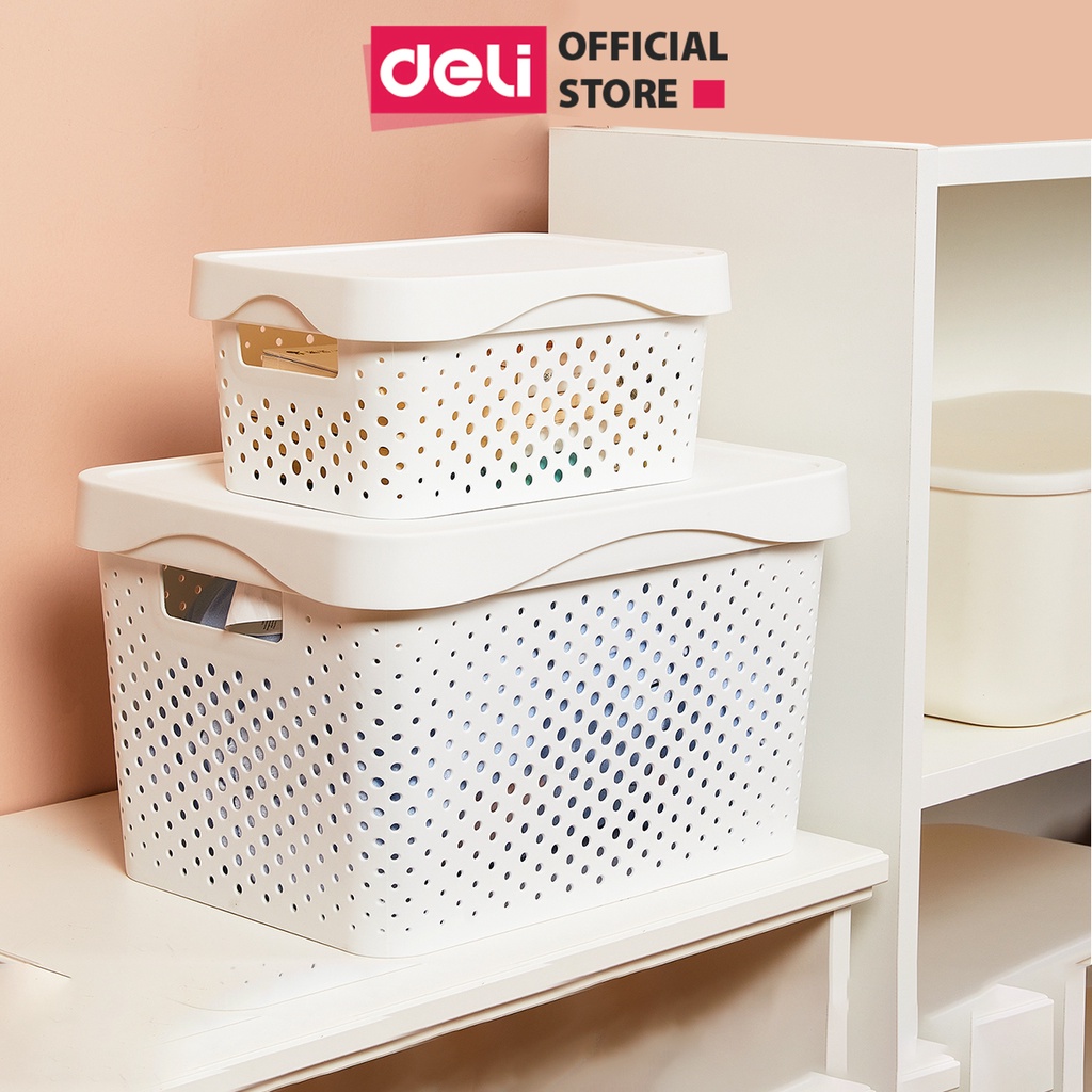 Giỏ đựng đồ có nắp Deli - Cỡ siêu lớn, đa năng, nhựa cao cấp, có tay cầm, nắp đậy, phong cách Nhật đơn giả