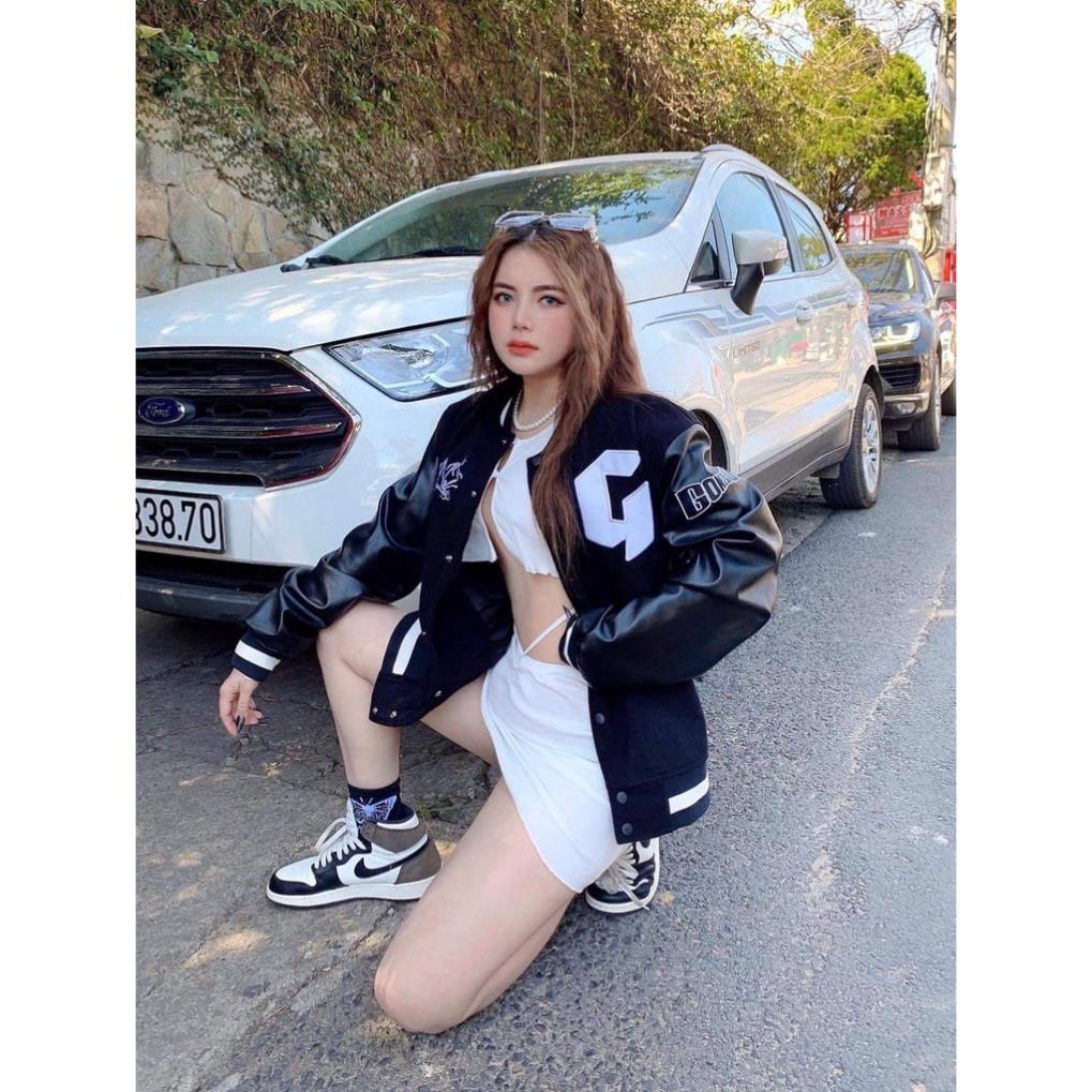 Áo khoác bomber, Varsity jacket Gonz Black nỉ phối tay da form rộng, nỉ tay da dày dặn phong cách