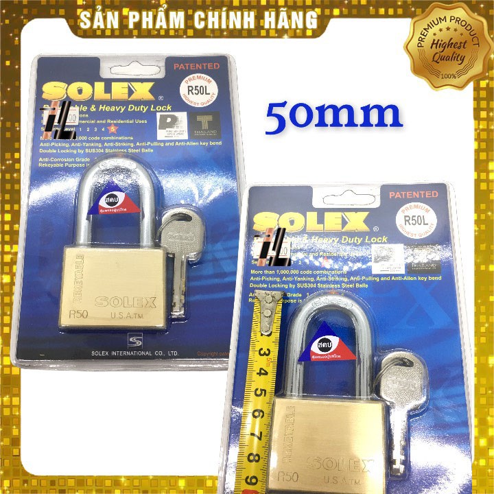 Khóa móc cao cấp Solex R50L 50mm càng dài 5cm chìa vuông, được làm từ đồng không gỉ ruột khóa bằng thau. càng khóa làm b
