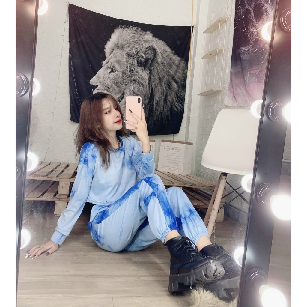 Set bộ áo croptop tay dài kèm quần dài rộng bo ống lưng chun màu loang cá tính chất thun cotton mềm