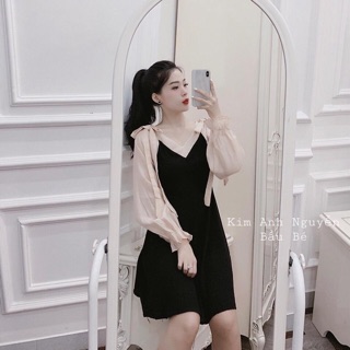 Váy đen pha tay cổ be buộc nơ vai xinh xắn