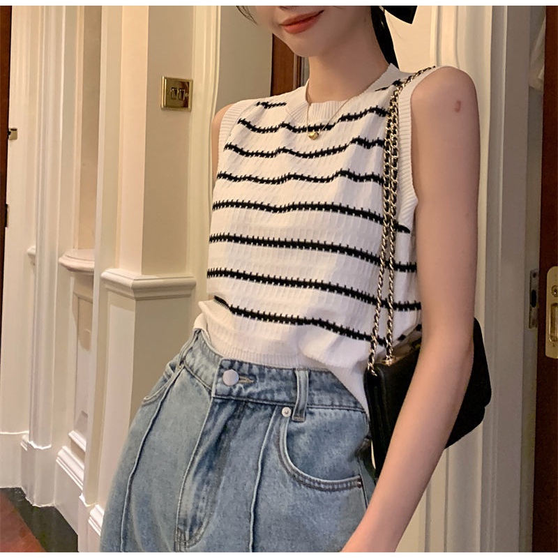 Áo Thun Không Tay Họa Tiết Kẻ Sọc Thời Trang Mùa Hè Cho Nữ