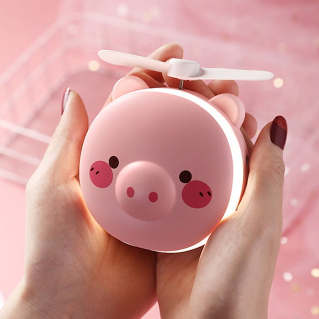 Quạt Tích Điện Mini Hình Con Heo Cầm Tay Dễ Thương, Quạt Có Gương Đèn Led Mini Đi Kèm 3 in 1