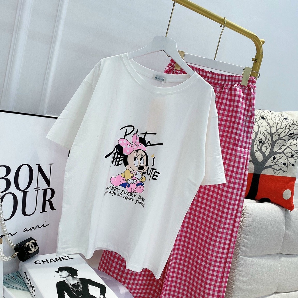 Bộ đồ mặc nhà nữ in chuột micky conton tàu ,quần kẻ caro siu kute.