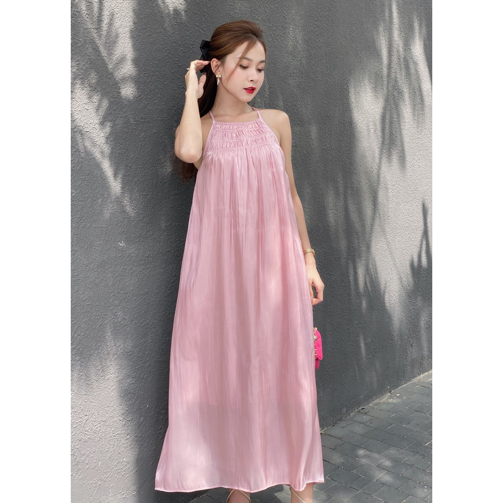 Đầm yếm maxi, váy đi biển Shimmer sang chảnh lụa organza cao cấp JOVEN, thiết kế cổ nhún suông dáng dài