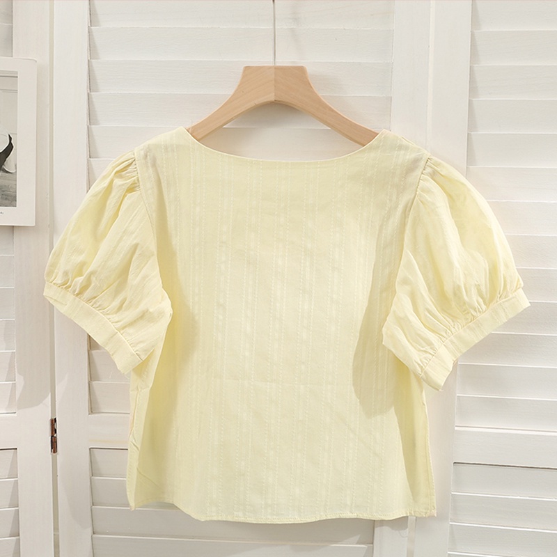 Áo sơ mi IELGY ngắn tay cổ vuông họa tiết kẻ sọc phong cách retro cho nữ