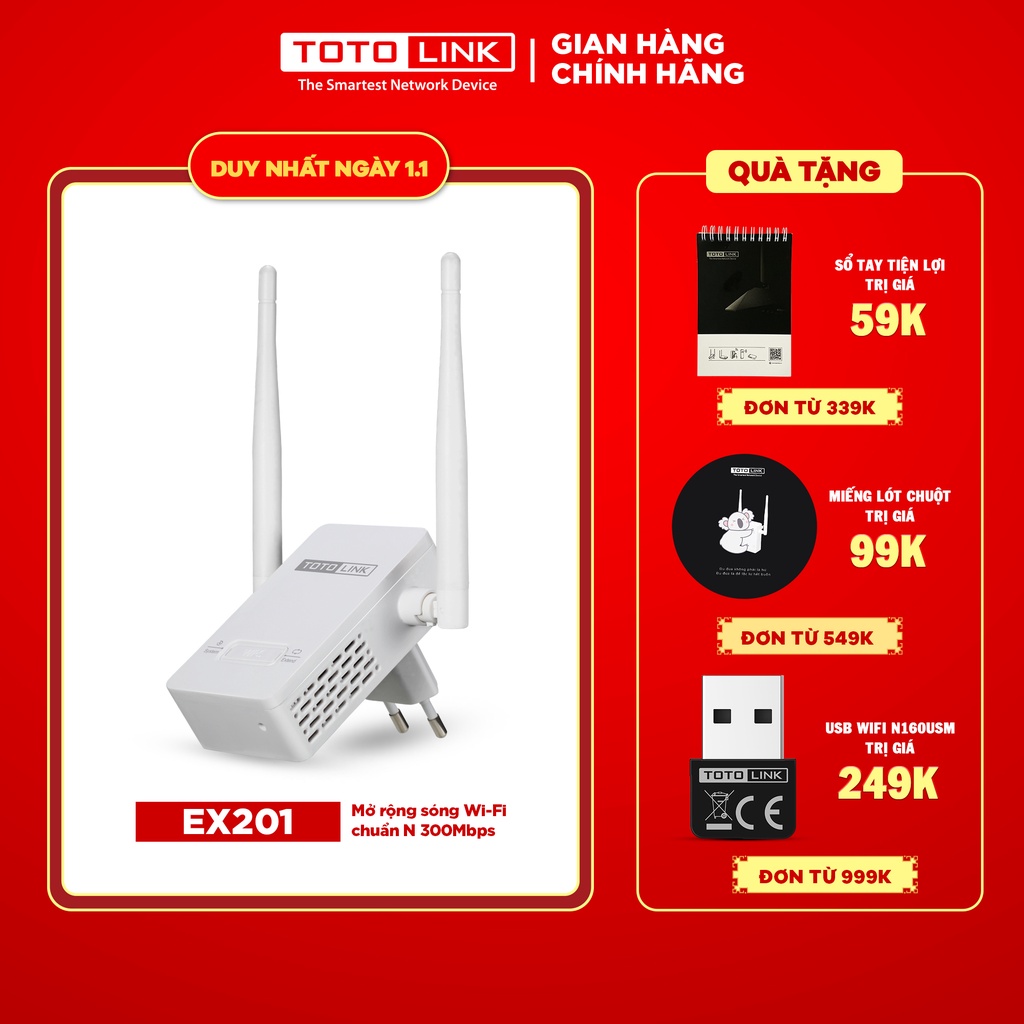 Kích sóng wifi repeater chuẩn N 300Mbps TOTOLINK EX201