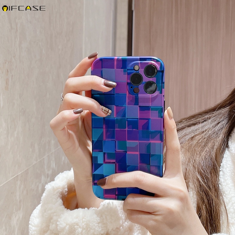 Ốp Điện Thoại Mềm Họa Tiết Sọc Caro Màu Gradient/Xanh Dương/Tím Cho iPhone 13 12 12 11 Pro Max XS Max XR X 7 8 Plus