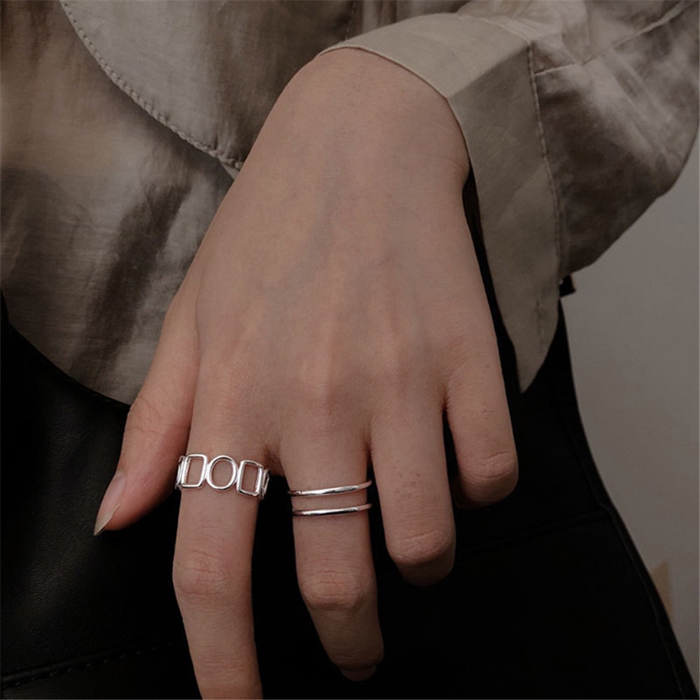 Set 2 Nhẫn Hở Hai Lớp Màu Bạc Tùy Chỉnh Phong Cách Hàn Quốc Cho Nam Và Nữ