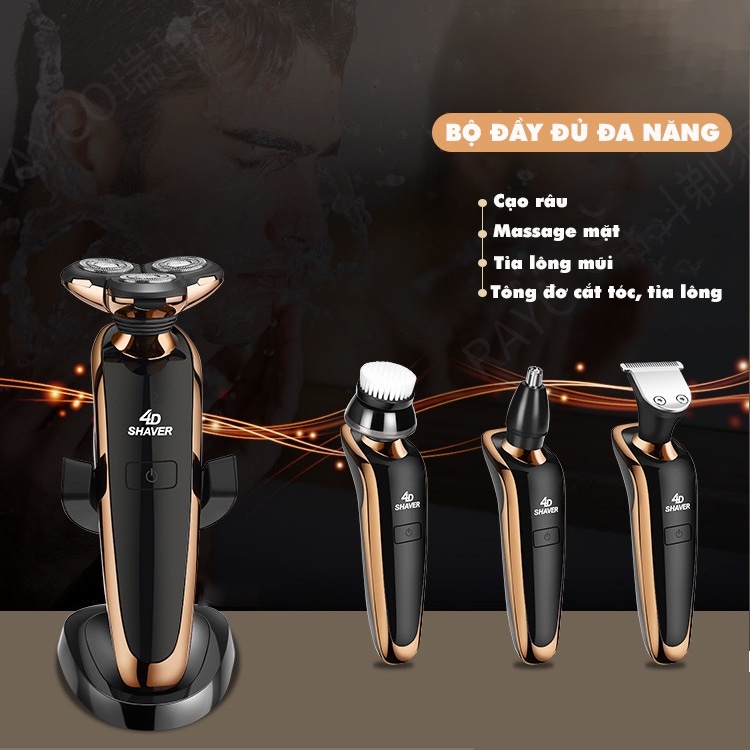 Máy cạo râu đa năng 4 trong 1 - Cạo Râu, Cắt Tóc, Tỉa Lông Mũi, Rửa Mặt, cạo sát 3 lưỡi kép, êm, chống nước