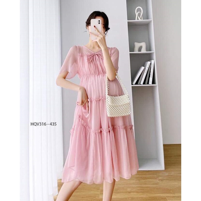 Váy bầu thời trang thiết kế M478 vải lụa tơ hai lớp freesize từ 45 đến 70kg