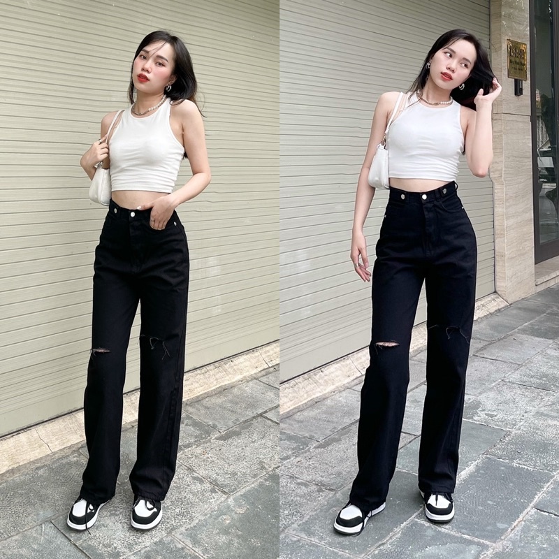 (Hình Thật shop chụp ) Quần Jean Ống Suông Lưng Siêu Cao Phong Cách Hàn Quốc Shop Yuri Jeans Suông001
