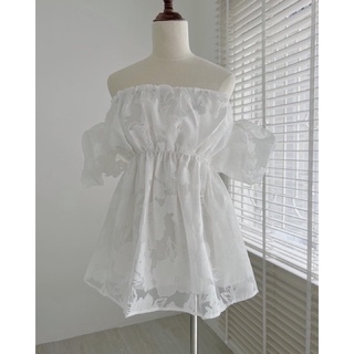  áo baby doll trễ vai hoa ép dúm dự tiệc 