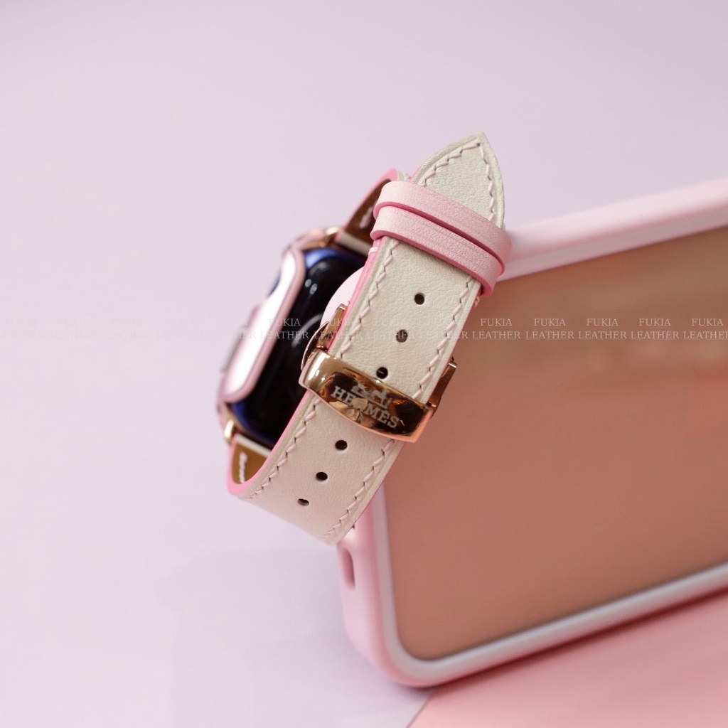 Dây da thủ công Swift Trắng Viền Hồng dành cho Apple Watch, đồng hồ thông minh, đồng hồ cơ