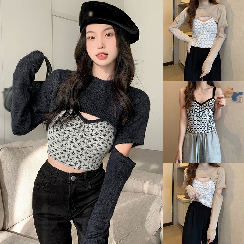Set Áo Croptop 2 Dây Cổ Chữ V + Áo Khoác Cardigan Thời Trang Cho Nữ