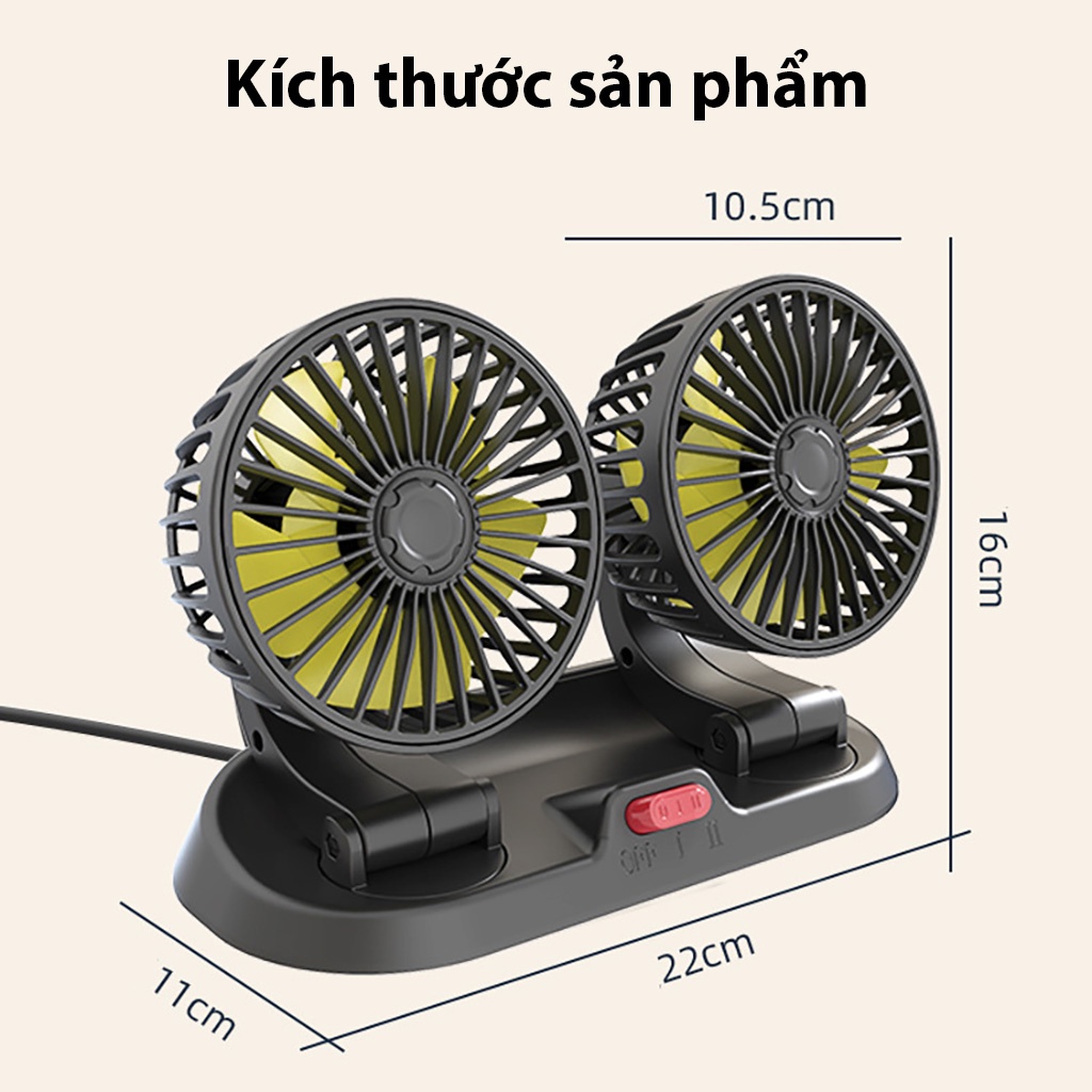 Quạt Đôi Mini Làm Mát Ô Tô Xoay 360 Độ Dùng Điện 12V-24V Cho Mọi Dòng Xe Hơi