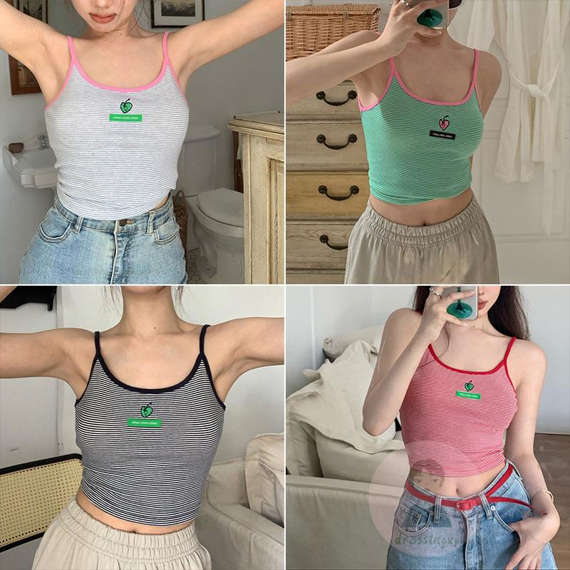 Áo Thun Ba Lỗ Cổ Chữ U Họa Tiết Kẻ Sọc Màu Sắc Tương Phản Thời Trang Mùa Hè Cho Nữ