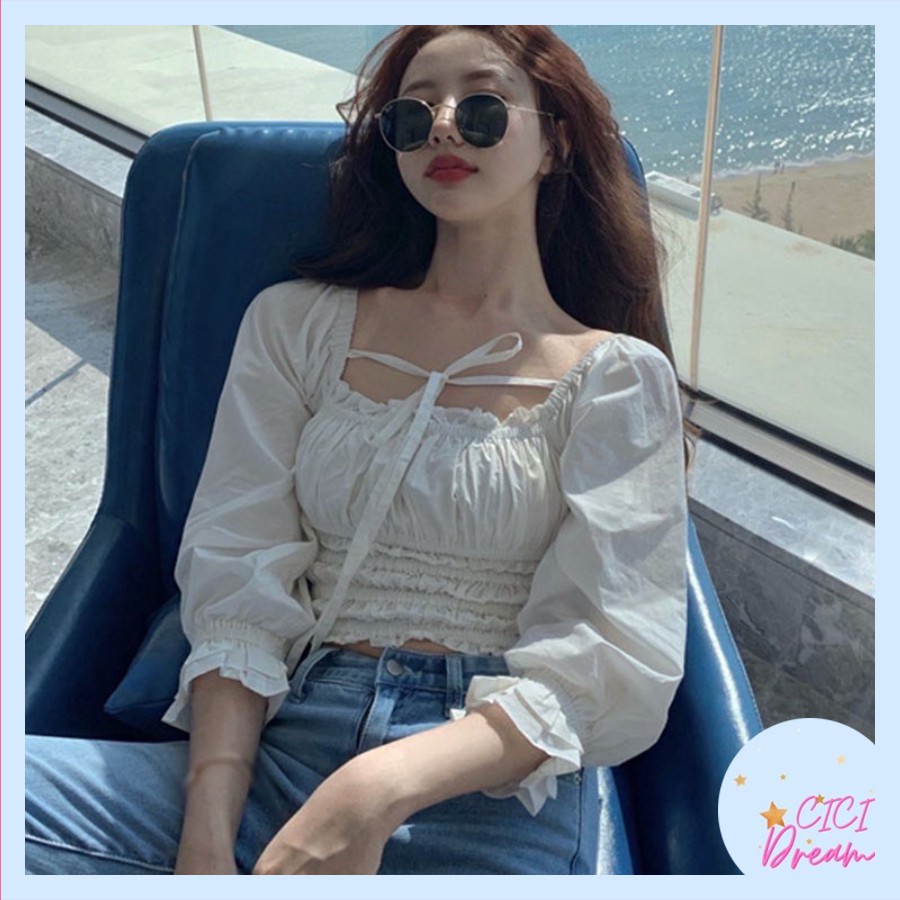 Áo croptop trễ vai hoa nhí tay dài, Áo croptop trắng trễ vai bèo sang chảnh nàng thơ phong cách Hàn Quốc