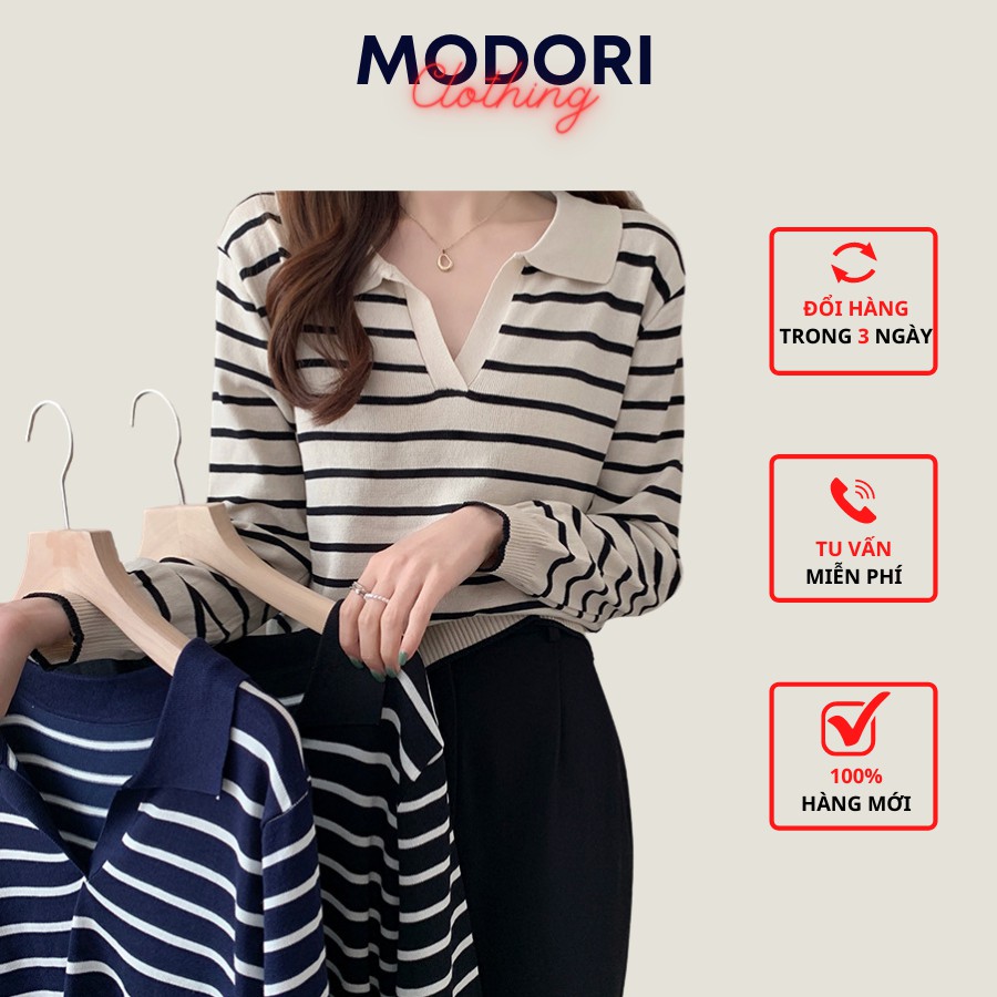 Áo len nữ cổ chữ V dài tay kẻ ngang phong cách Hàn Quốc đẹp