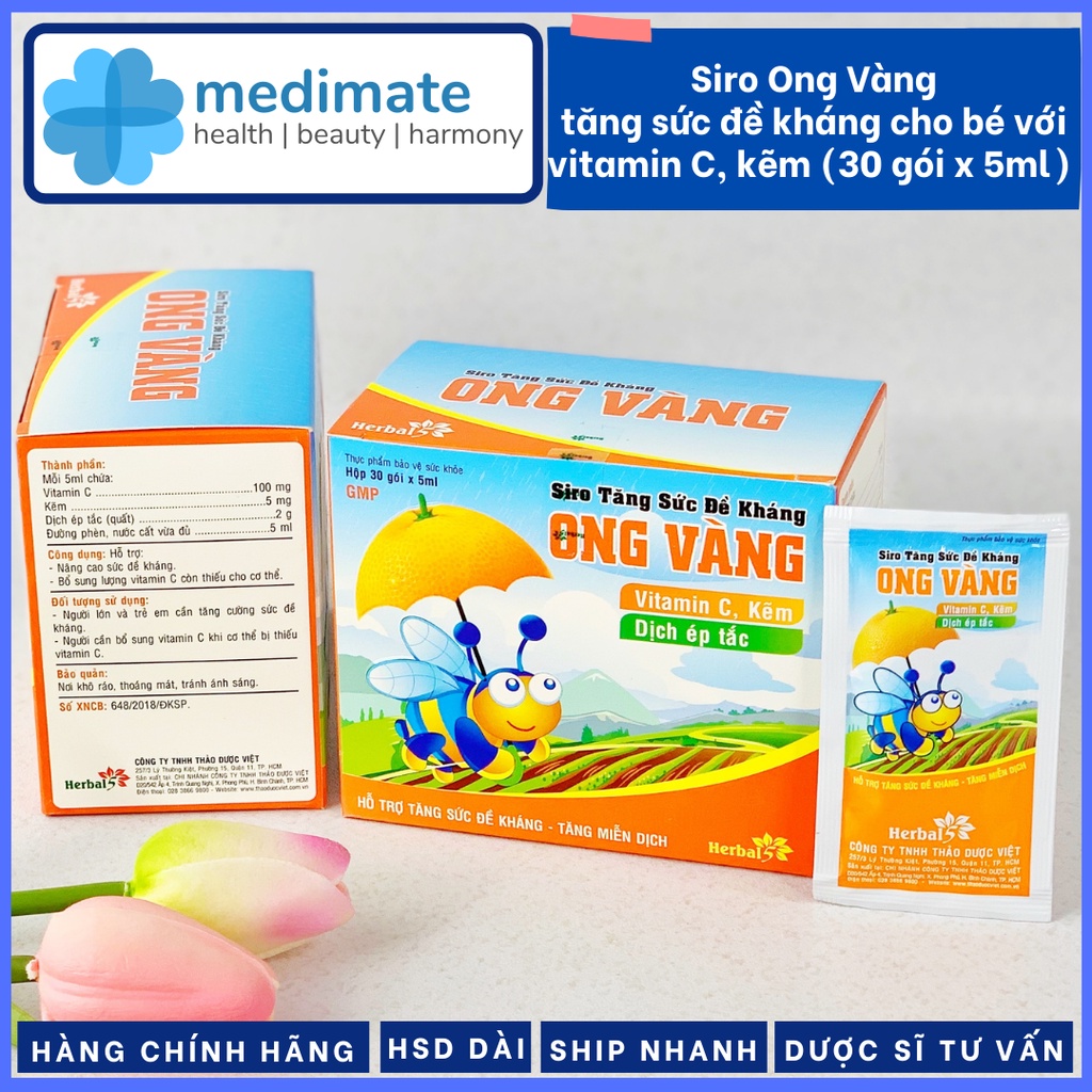 Siro Ong Vàng tăng sức đề kháng cho bé, bổ sung vitamin C và kẽm (Hộp 30 gói x 5ml)