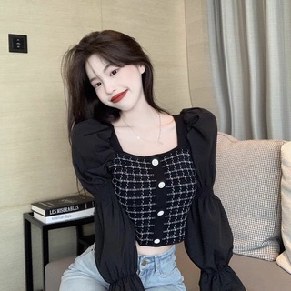 𝐂𝐎́ 𝐒𝐀̆̃𝐍. áo tay bồng cổ vuông caro xinh xắn