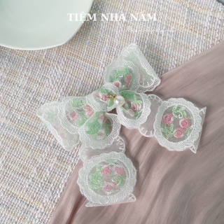 🎀 kẹp tóc nơ ren hoa bản to phối ngọc xinh xắn -