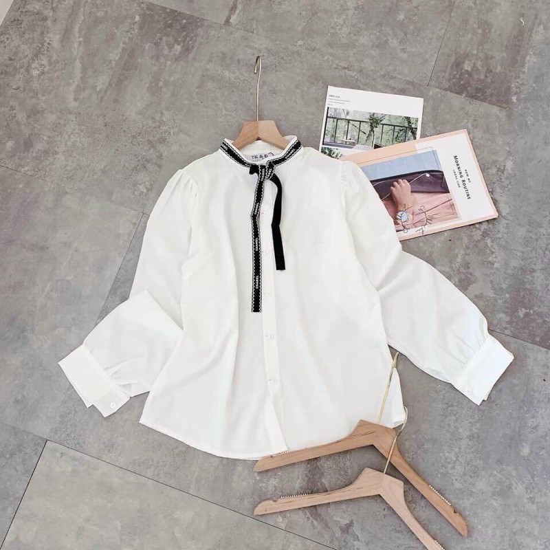 Áo sơ mi trắng cổ viền nơ, Áo sơ mi kiểu dài tay SM1393 - NhiNhi Shop