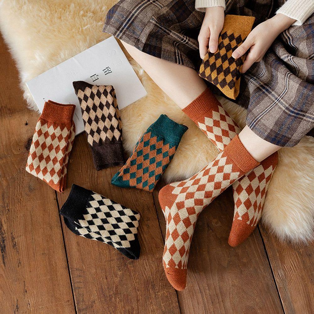 AROMA Đôi Vớ Dày Mềm Mại Họa Tiết Kẻ Ô Retro Dành Cho Nữ