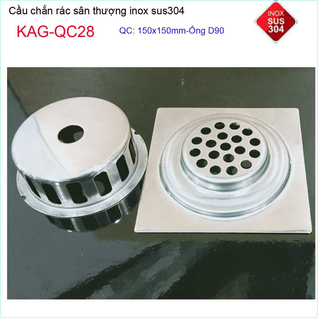 Cầu chắn rác đế vuông 15x15cm D90 KAG-QC28, thoát nước sân thượng SUS304 ống 9cm thoát nhanh chắn rác tốt