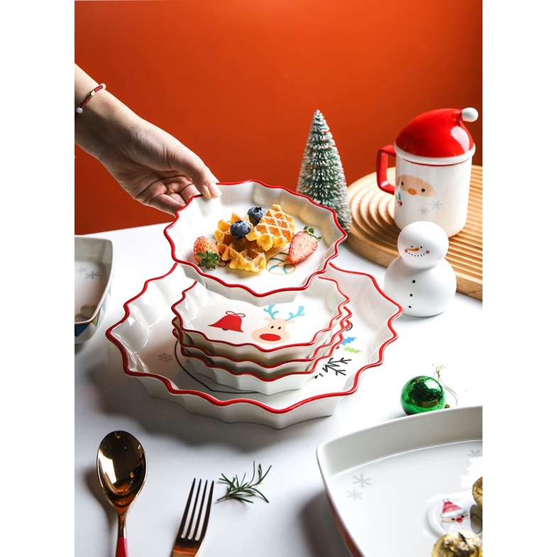 Set đĩa tráng miệng, đĩa thức ăn, cốc gia đình gốm hình tuần lộc, ông già Noel, cây thông Giáng sinh dễ thương mớ