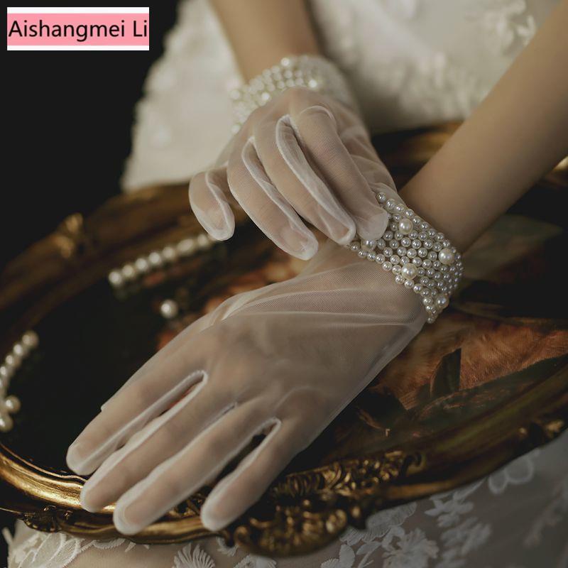 Găng Tay Vải Tuyn Ngắn Đính Ngọc Trai Trắng Thoáng Khí Chống Nắng Dành Cho Cô Dâu Mặc Đầm Cướ