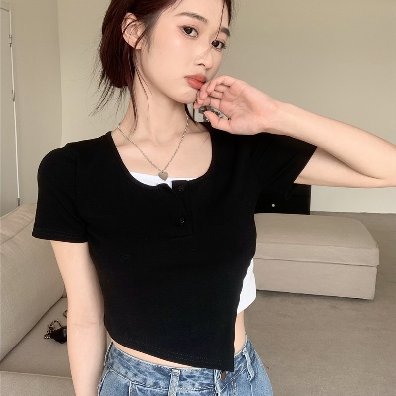 Áo thun IELGY ngắn tay thiết kế không đồng đều thời trang cho nữ