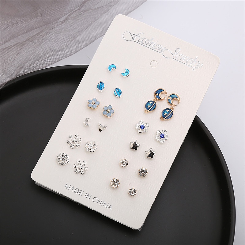 Set 12 đôi bông tai hợp kim hình trăng / hành tinh / bông tuyết đính đá thời trang cho nữ