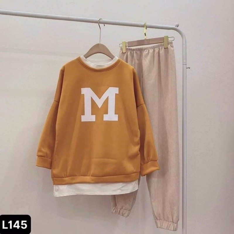 Sét nỉ áo vàng chữ M phom đại quần bo chân HANA129 | BigBuy360 - bigbuy360.vn