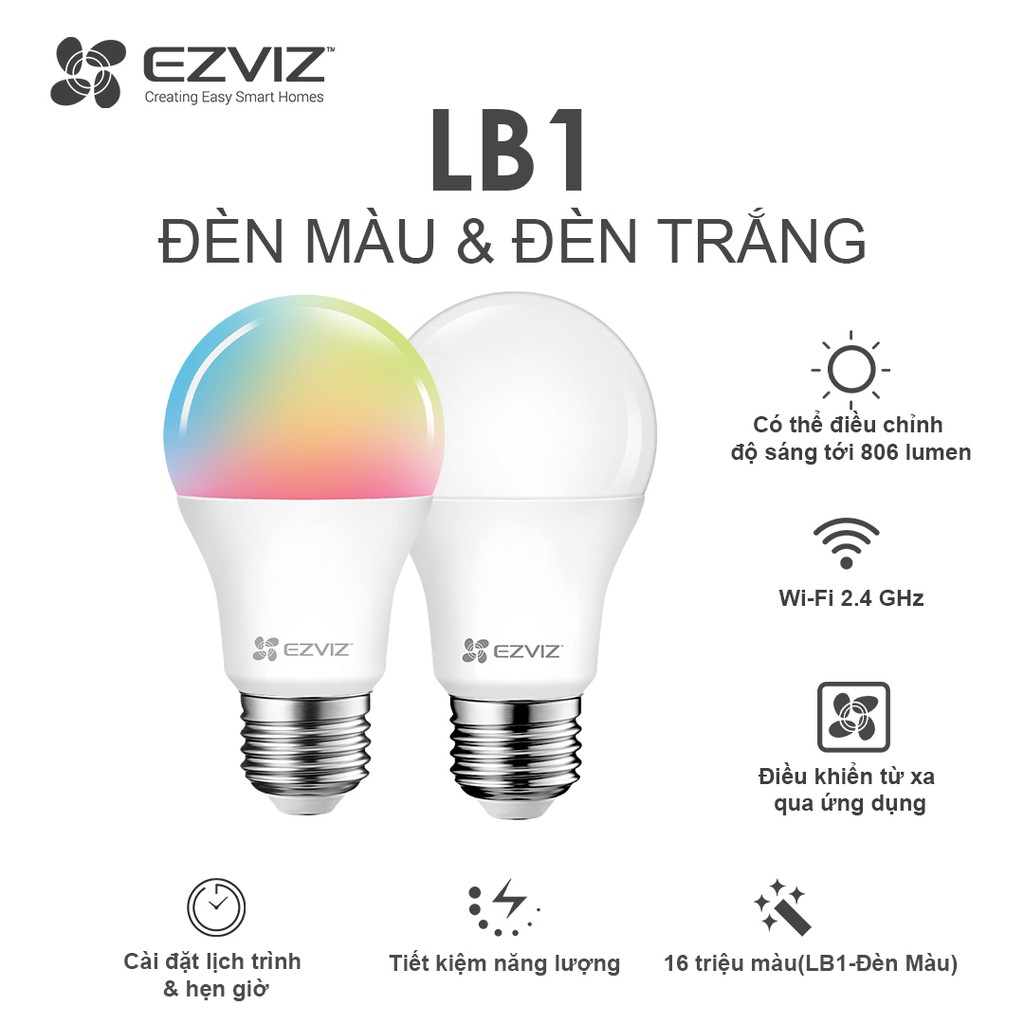 Bóng đèn EZVIZ LB1 Kết nối WI-FI, Điều Khiển Qua Ứng Dụng, Đặt lịch trình & hẹn giờ,Tiết kiệm năng lượng-Hàng Chính Hãng