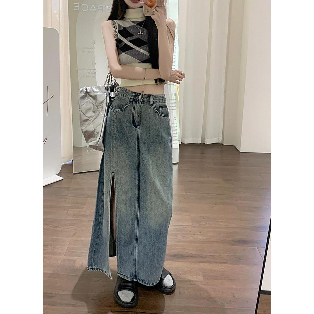 Chân Váy Denim Dài Dáng Chữ A Lưng Cao Xẻ Tà Thời Trang Mùa Hè Hàng Mới 62893