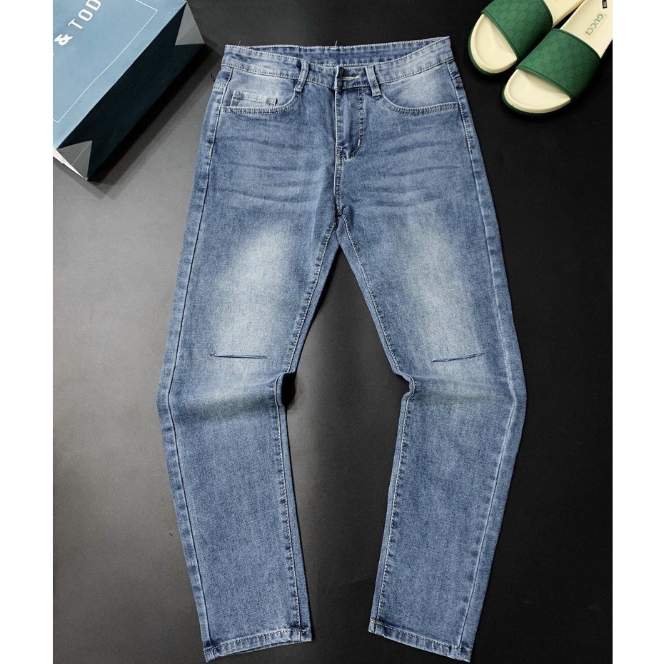 Quần jean nam ống suông màu xanh dương rách gối cá tính chất bò co giãn bốn chiều thời trang cao cấp VBSHOP