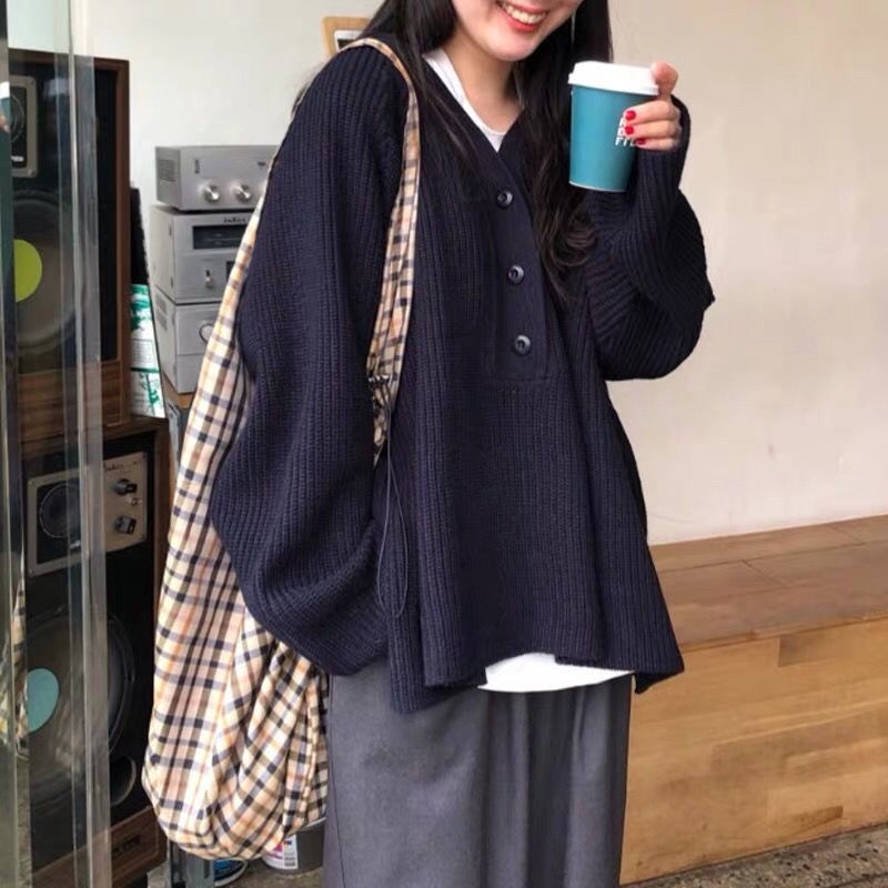 Áo sweater tay dài cổ chữ V dáng rộng phong cách Hàn Quốc thời trang mùa thu cho nữ
