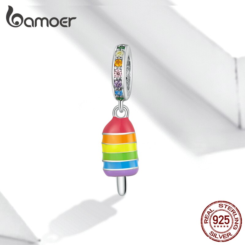 Hạt charm Bamoer BSC351 bạc thiết kế hình cây kem màu sắc cầu vồng trang trí vòng tay thời trang cho nữ